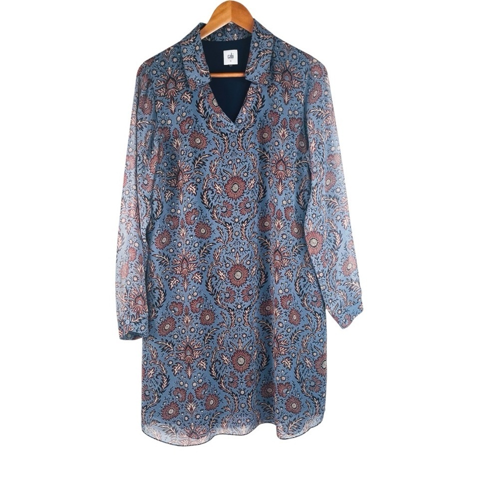Cabi Women’s Provincial Floral V-Neck Long Sleeve Shift Dress Blue Brown Size M